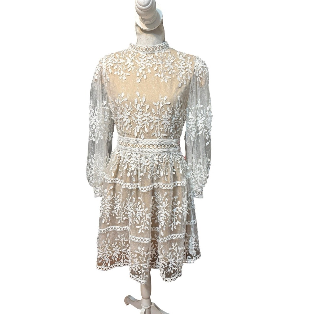 Ivy City Dress Co Sicily Mini Dress Champagne Beige White Lace Size 10 NWT
